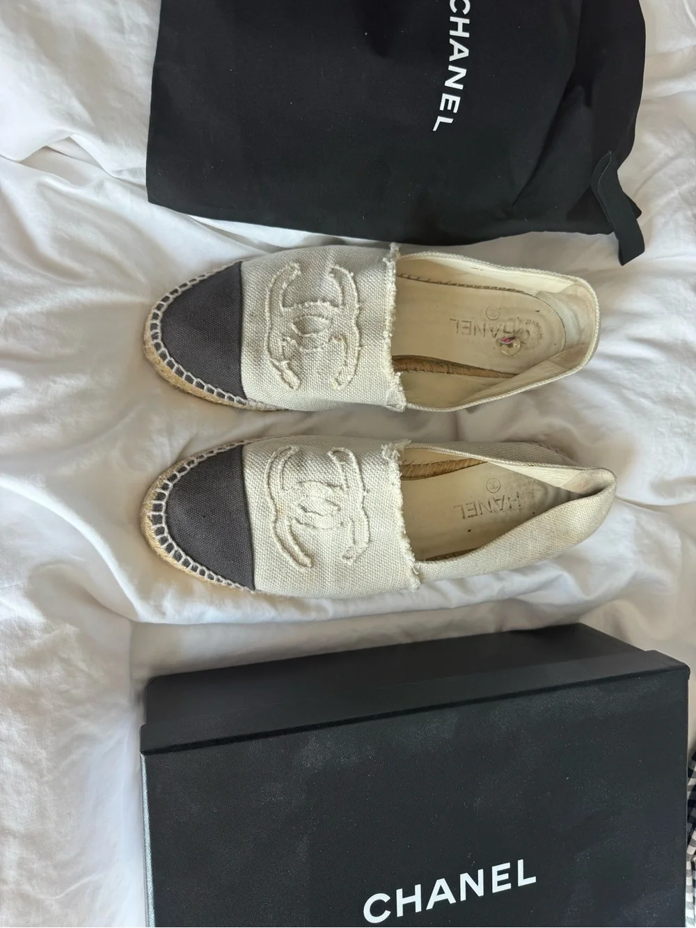 CHANEL Cream Canvas Espadrilles with Black Toe Cap
